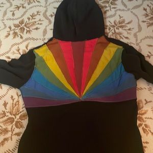 Black zip up hooded sweatshirt solid front w/ rainbow on the back
